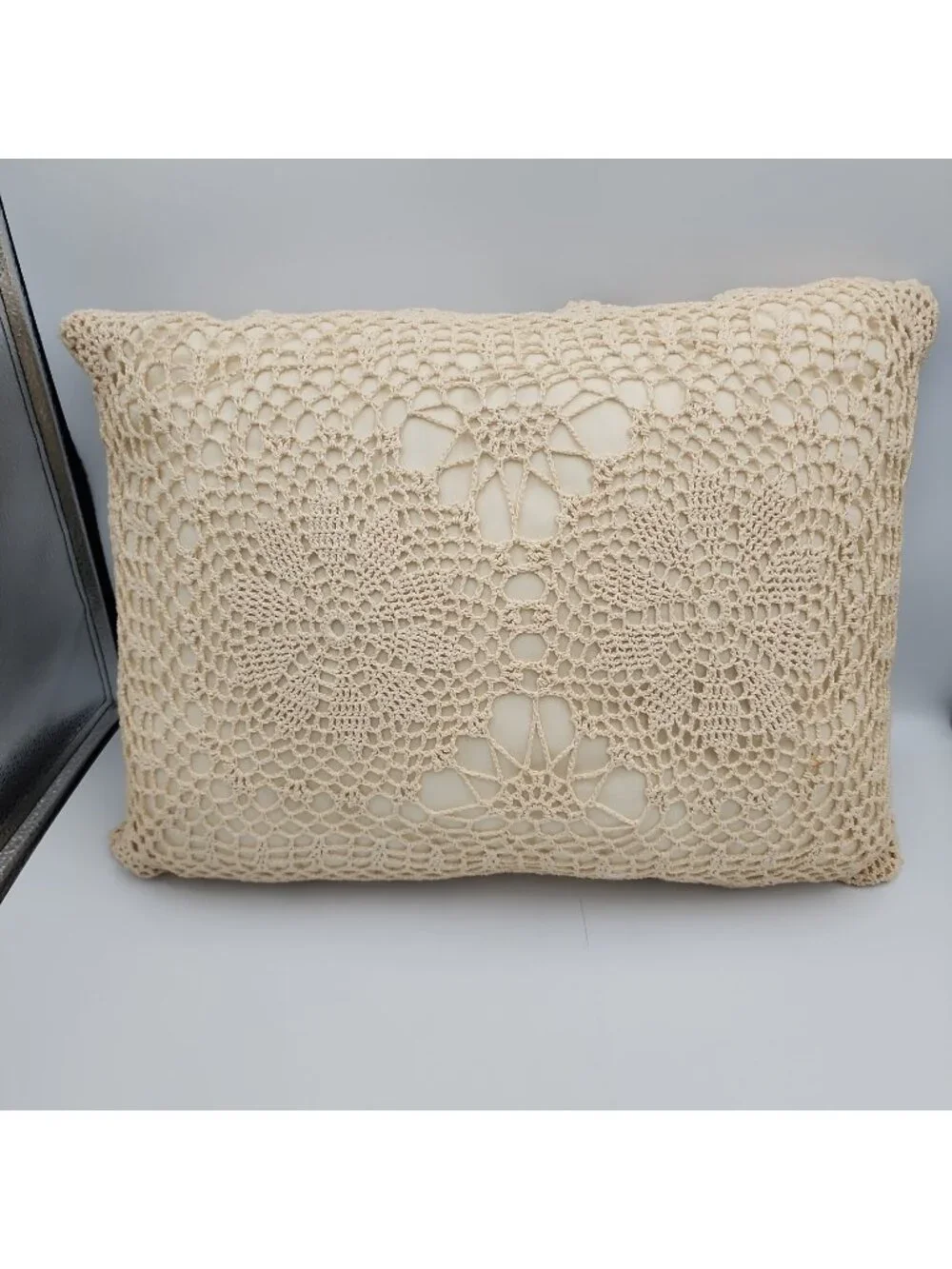 Vintage cotton Satin Crochet Lace Pillow Home Decor Ivory 18x12